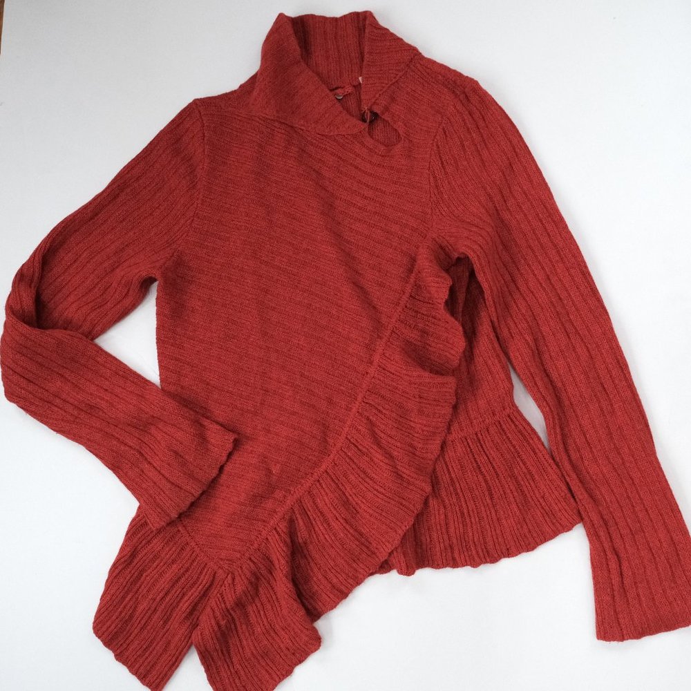 ANTHROPOLOGIE Knitted & Knotted Ribbed Ruffle Sweater XS Red